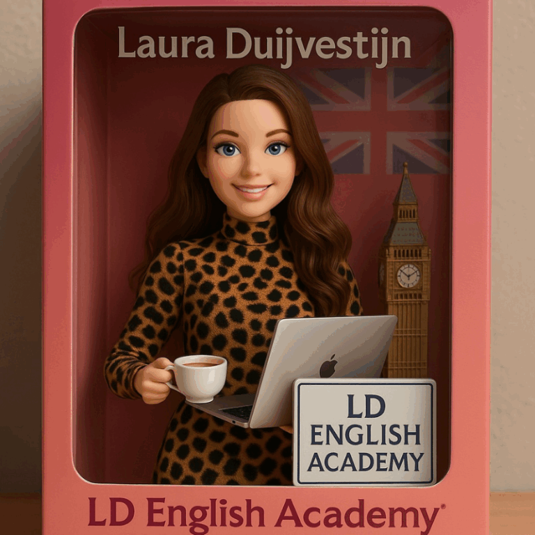 Laura Duijvestijn, English Communication Coach van LD English Academy, met laptop en koffie voor een Britse achtergrond met Big Ben en de Union Jack.
